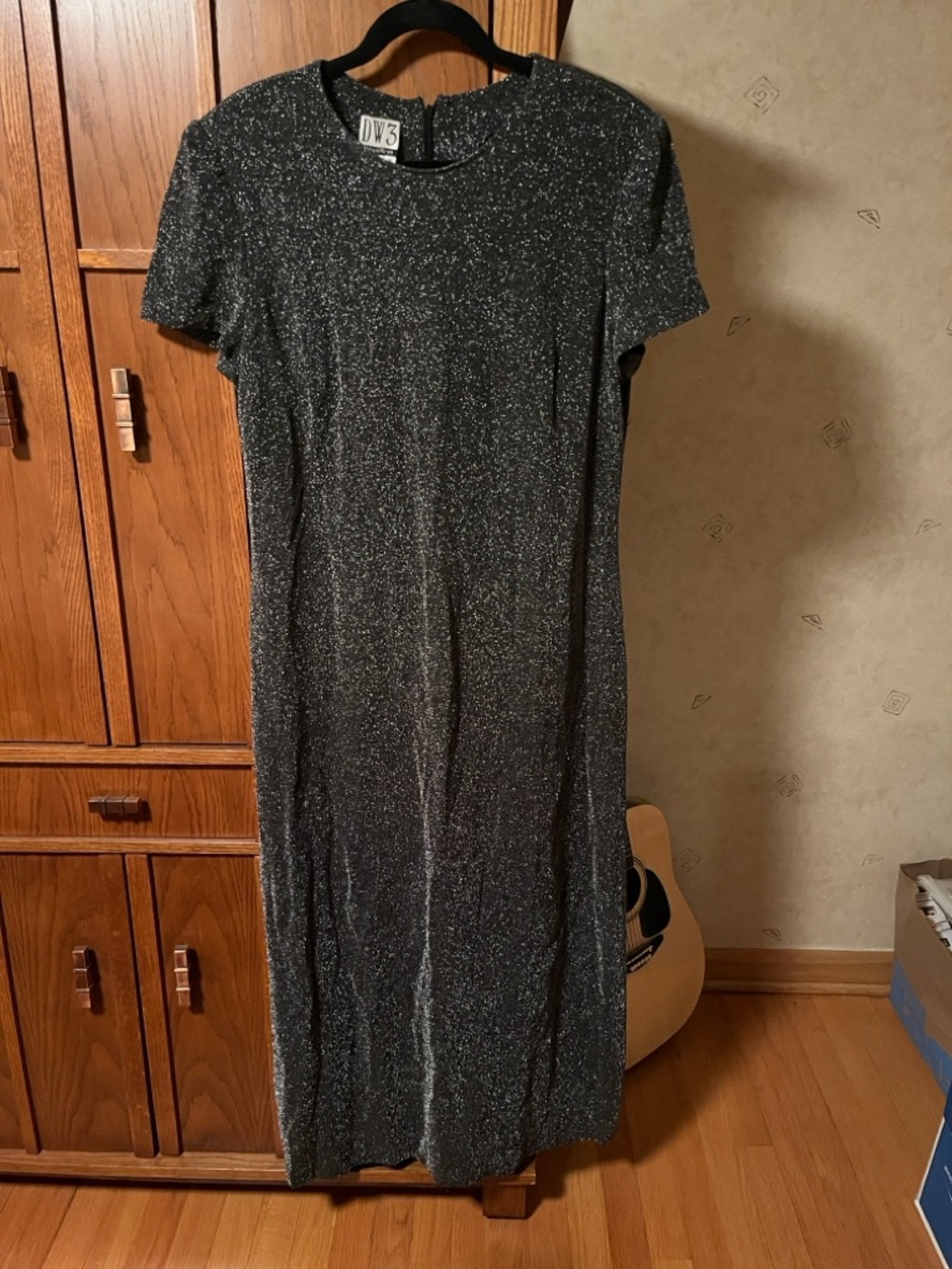 Shimmery Black Short-Sleeve Maxi Dress